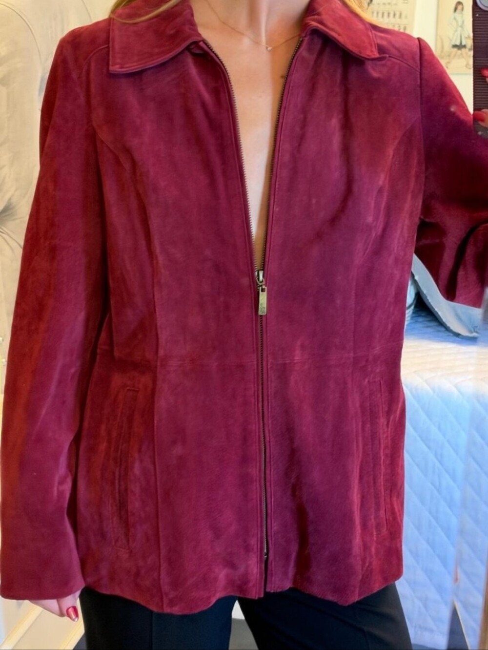 Dennis Basso Burgundy Red Suede Zip Jacket